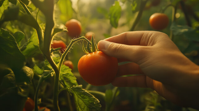 A hand gently holding a freshly picked tomato still attached to the stem, with other ripening fruits visible in the background 