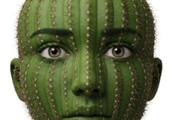 Isolated cactus face with human features for surreal and whimsical conceptual art