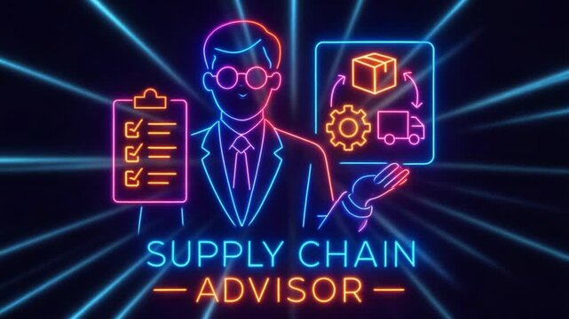 Supply Chain Advisor: A neon-style illustration of a supply chain advisor offering expert guidance and management, highlighting efficiency, logistics, and streamlined operations.