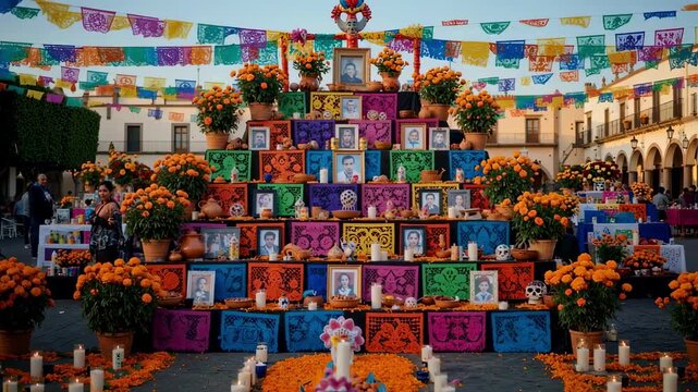 A large public ofrenda altar adorned with marigolds, candles, and photos in a city square, a vibrant celebration of dia de los muertos and mexican cultural heritage