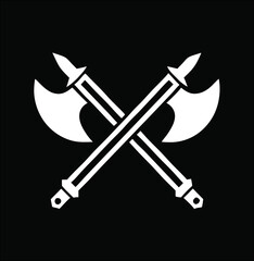 White medieval axe icon  crossed weapons silhouette on black for fantasy, gaming, or knight themes.