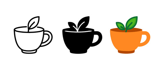 Three cups with leaves: minimalist, silhouette, and colorful designs