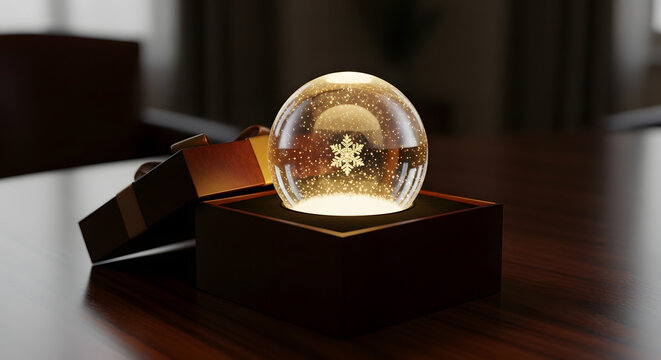 A magical glowing snow globe containing a single intricate snowflake is revealed inside a gift box creating a warm and festive atmosphere.