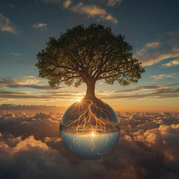 &ldquo;Surreal glowing tree on floating glass sphere, golden blue sunset conceptual art&rdquo;.