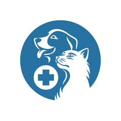 A simplified logo showcases a dog and a cat side by side, representing veterinary care. The blue circle highlights a medical cross, symbolizing health support for pets.