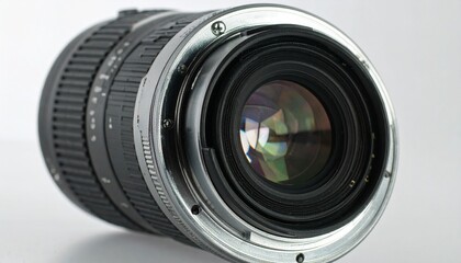 Close-up of a professional-grade camera lens, showcasing intricate details and a sophisticated design.