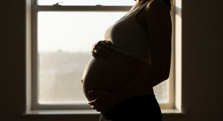 Silhouette of a pregnant woman in a tank top, holding her belly in front of a bright window.