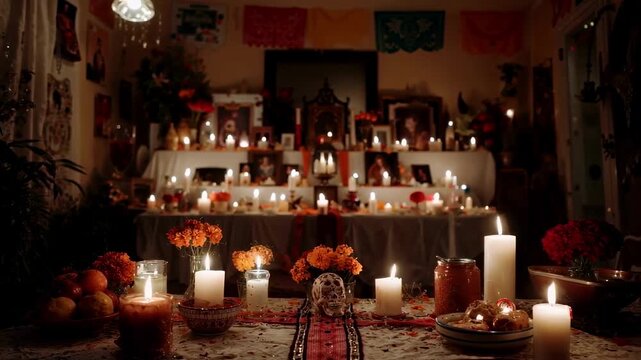 A traditional dia de los muertos ofrenda altar lit by many candles, decorated with photos and marigolds for the day of the dead, honoring family remembrance and mexican heritage