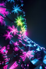 professional photo of intricate fractal patterns with vibrant neon colors such as bright pink electric blue and lime green on a deep black canvas creating a futuristic high-tech atmosphere with sharp