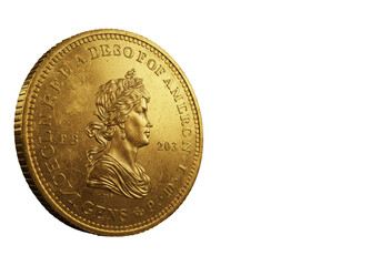 Isolated antique gold coin featuring a classical bust with laurel wreath portrait design