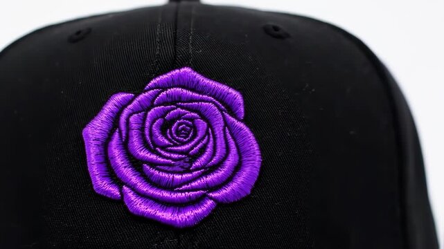 Close-up of a black baseball cap with a vibrant purple embroidered rose