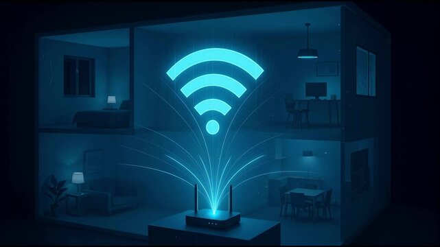A wifi router transmits a strong signal throughout a modern house, illustrating the concept of a smart home, full wireless coverage and seamless internet connectivity for all devices