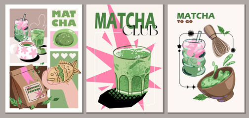 Matcha drinks poster design vector set. Cute wallpaper with matcha latte, purematcha, matcha desserts. Perfect for promotion, marketing, package, ads.