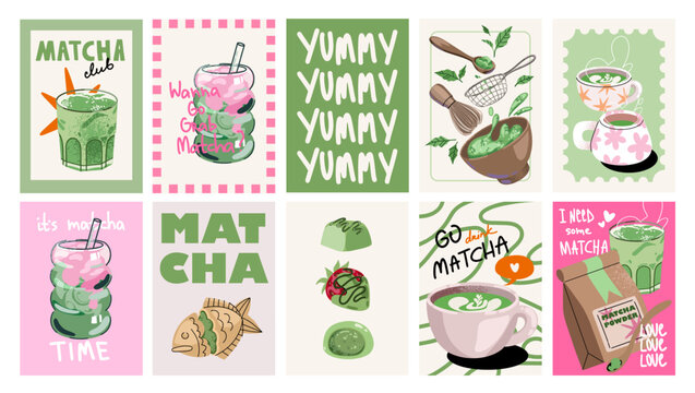 Matcha drinks poster design vector set. Cute wallpaper with matcha latte, pure matcha, matcha desserts. Perfect for promotion, marketing, package, ads.
