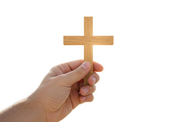 Isolated hand holding a wooden Christian cross symbol, faith, religious object, prayer
