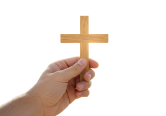 Isolated hand holding a wooden Christian cross symbol, faith, religious object, prayer