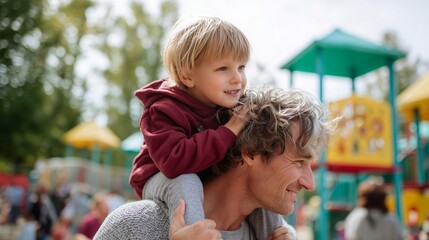 Father and son enjoy a fun day at the playground on a sunny afternoon in a vibrant park