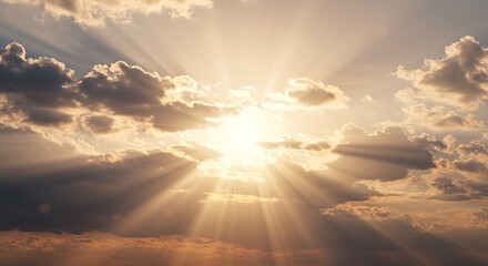 Golden rays of sunshine breaking through the clouds, illuminating the sky with a beautiful glow