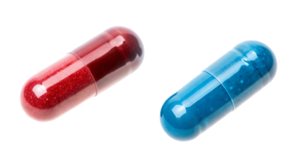 Two capsule pills red and blue isolated on a transparent background medicine pharmaceutical
