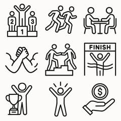 Simple Line Drawing Business and Competition Success Achievement Icon Set