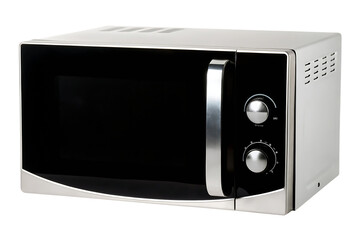 Obraz premium Sleek silver and microwave oven with chrome handle isolated on a transparent background