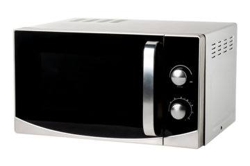 Sleek silver and microwave oven with chrome handle isolated on a transparent background