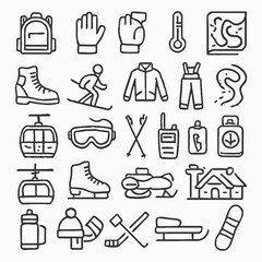 Handdrawn Outline Winter Sports and Outdoor Activities Essential Equipment Icon Set