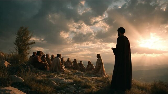 The Sermon on the Mount: A group of figures gather on a hilltop, illuminated by a soft, ethereal light, as one figure stands delivering a passionate sermon.