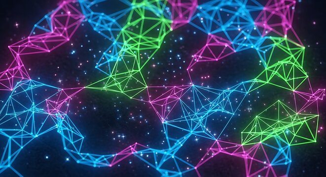 Abstract Futuristic Neon Network Background - Digital Data Connections with Glowing Colorful Lines and Nodes - Powered by Adobe