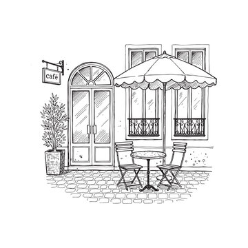 Hand-drawn sketch of a romantic European street cafe with an outdoor table, chairs, and umbrella.
