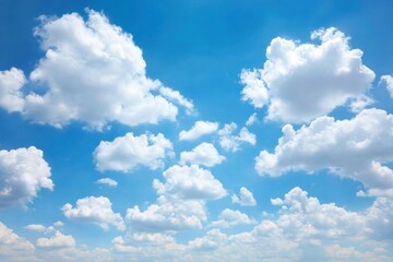 Fototapeta premium Azure sky dotted with puffy white clouds, ranging from small to large, creating a serene and airy atmosphere
