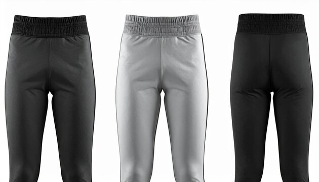 Three pairs of athletic leggings in black and gray feature a ribbed waistband and contrasting stripes.