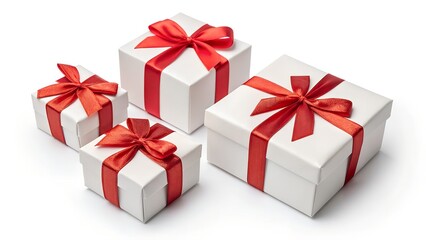 Obraz premium White Gift Boxes with Red Ribbon Bows, Isolated on white Background, Gift, Present, Holiday