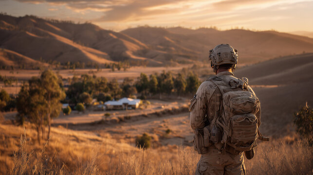 Soldier observes distant landscape during golden hour in rugged terrain with rolling hills and scattered vegetation Generative AI