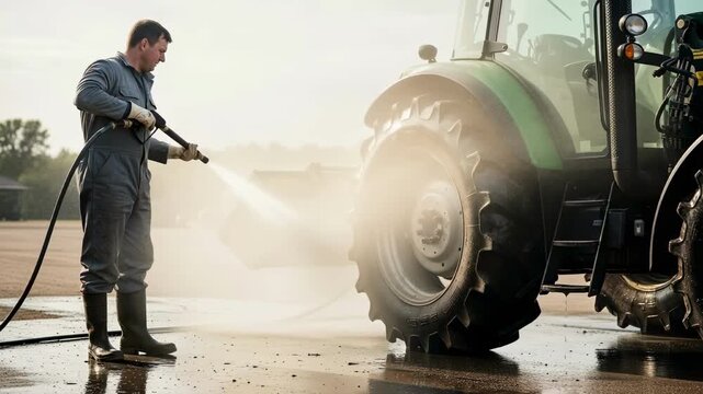 A farmer in work clothes uses a pressure washer to clean a large tractor, representing agricultural vehicle maintenance, farm hygiene and preparation for the harvest season