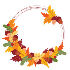 Round autumn wreath made of vines decorated with oak leaves, acorns and berries. Cozy seasonal fall template. Circular botanical nature frame with copy space for text, vector graphics