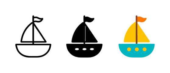 Sailboat icons in minimalist styles: outline, filled, and colorful designs