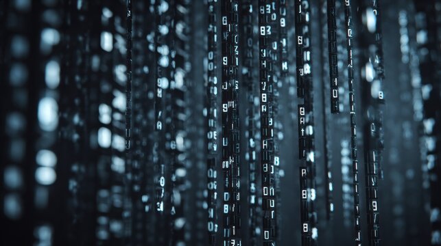 A stream of glowing alphanumeric characters suspended, suggesting data flow or code