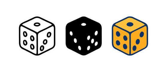 Set of dice icons in outline, solid, and colorful styles