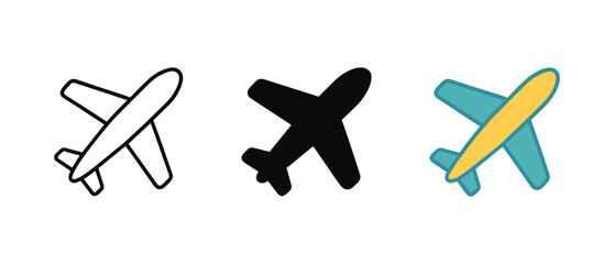 Airplane icons set in minimalist black and white and colorful styles