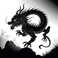 Obraz premium Monochromatic Majesty Mythical Dragon Soaring Above Ancient Landscapes A Timeless Dance of Power and Grace in Serene Monochrome