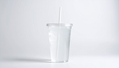 Clear plastic disposable cup filled with cold, fizzy drink, illuminated by bright, even light.