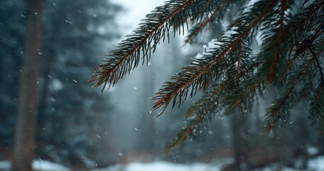 Snowy pine bough close-up