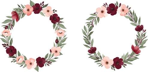 A pair of floral wreaths with pink and red flowers and green leaves on white background on transparent background