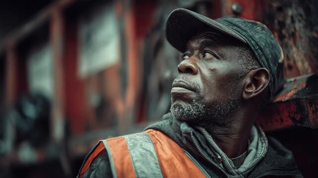 Worker's contemplative moment: A seasoned construction worker, radiating dedication and strength, pauses amidst the industrial backdrop to thoughtfully reflect.