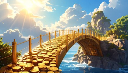 Golden Coin Bridge under Sunlight Sky, Creative Investment Growth Concept