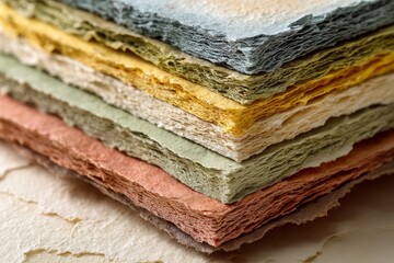 A close-up view of intricately layered sheets of handmade paper in various pastel colors.