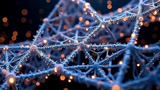 Marvel at the sophisticated composition of a molecule made of tangled threads and particle lights, as translucent forms weave an intricate lattice that glows softly, the interplay of light