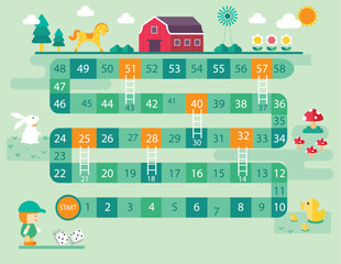 World tour board game template,Funny frame, ladders game,Farm, Vector illustrations. © issaystudio