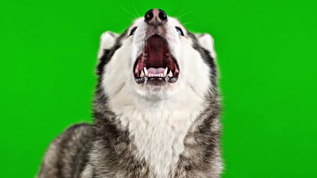 Playful Siberian husky howling cutely with blue glowing eyes, fluffy fur moving, on vivid bright green screen background.